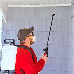 Applicator spraying into a soffit